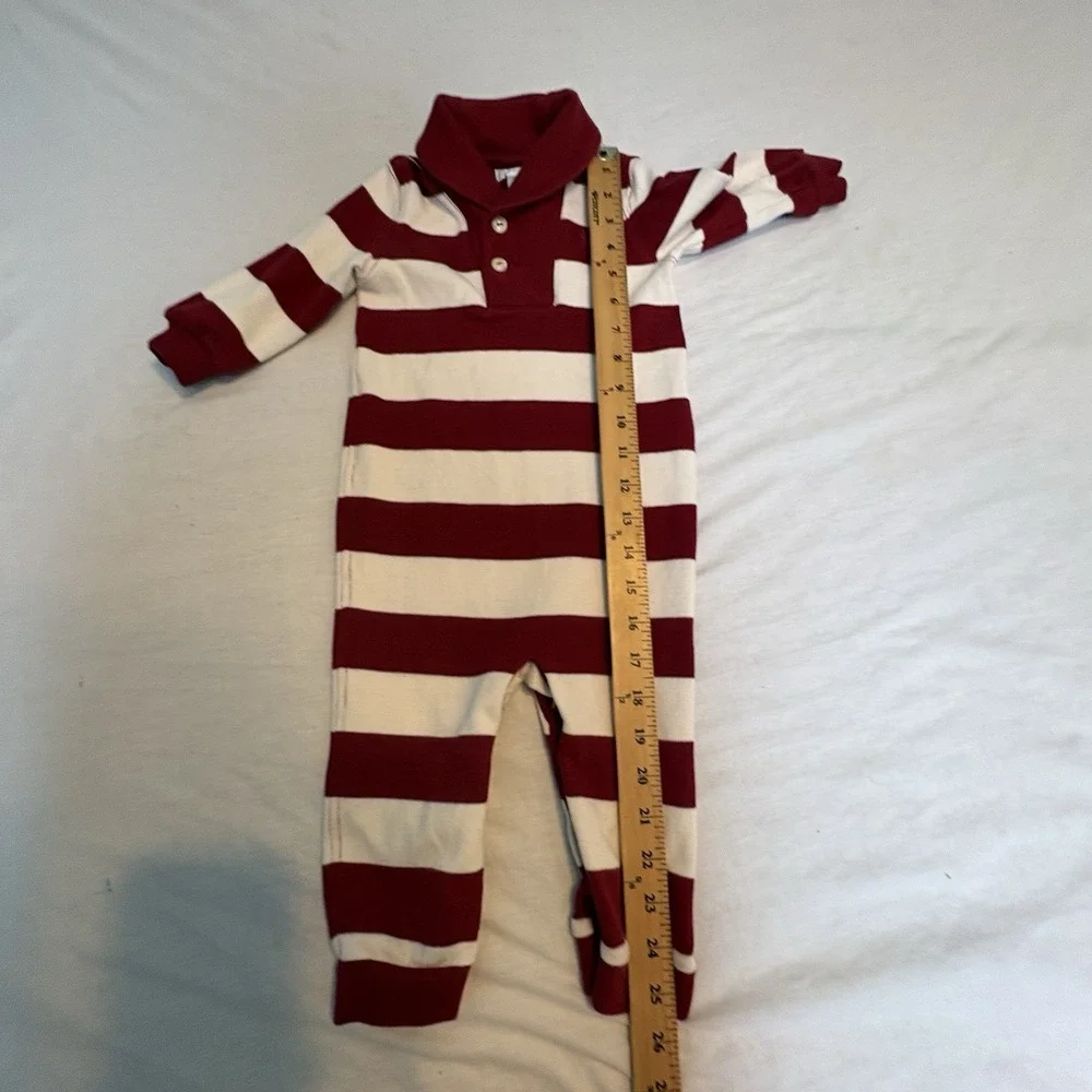 Ralph Lauren Baby Romper 12 Months Rugby Stripe Shawl Collar Red White Snap Legs